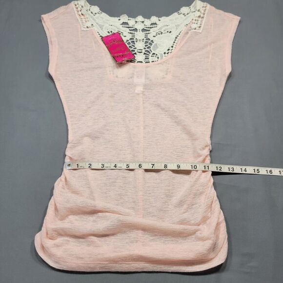Candies Pink Preppy Bodycon Shirt Lace Gathers Cap Sleeves NEW $34 Womens Size S - Picture 5 of 7
